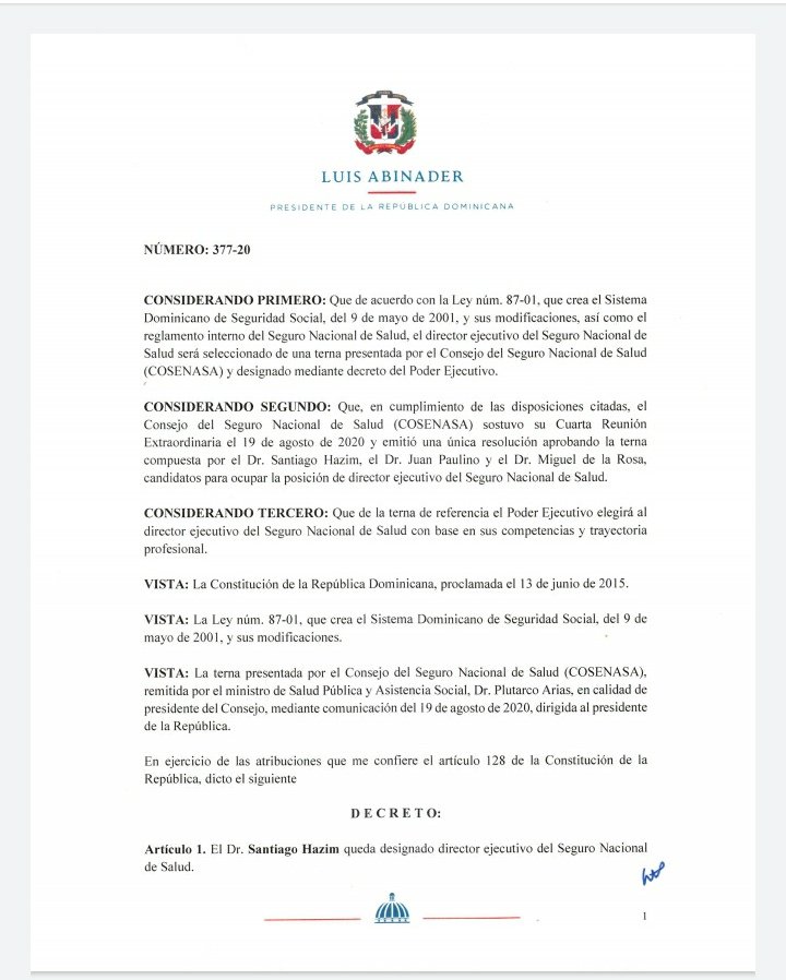 Comunicaciondo's tweet photo. A través del decreto presidencial 377-20 se designa al Dr. Santiago Hazim @santiagohazim como director ejecutivo del Seguro Nacional de Salud @ARSSeNaSaRD https://t.co/h2WbCrkI5N