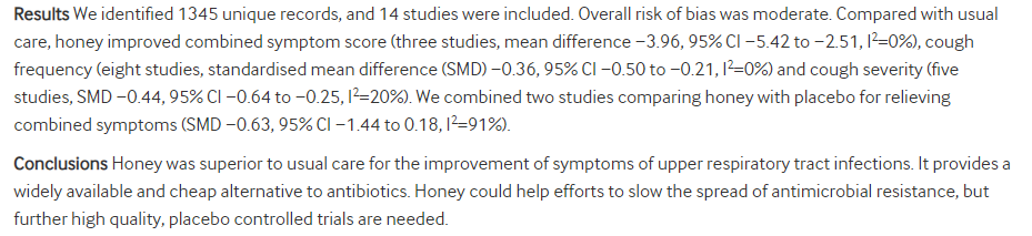 3/n Basically, the authors searched the literature for all the studies looking at honey being used to treat URTIs (cough), and aggregated them together into one model. They found that honey works better than usual care! Amazing right?