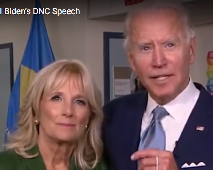 SO EVERYTHING YOU'RE SEEING IS REAL.Biden is moving in and out of time.He has to look at giant signs to remind him to say "First Lady," but he rehearses it AS IT'S BEING BROADCAST.