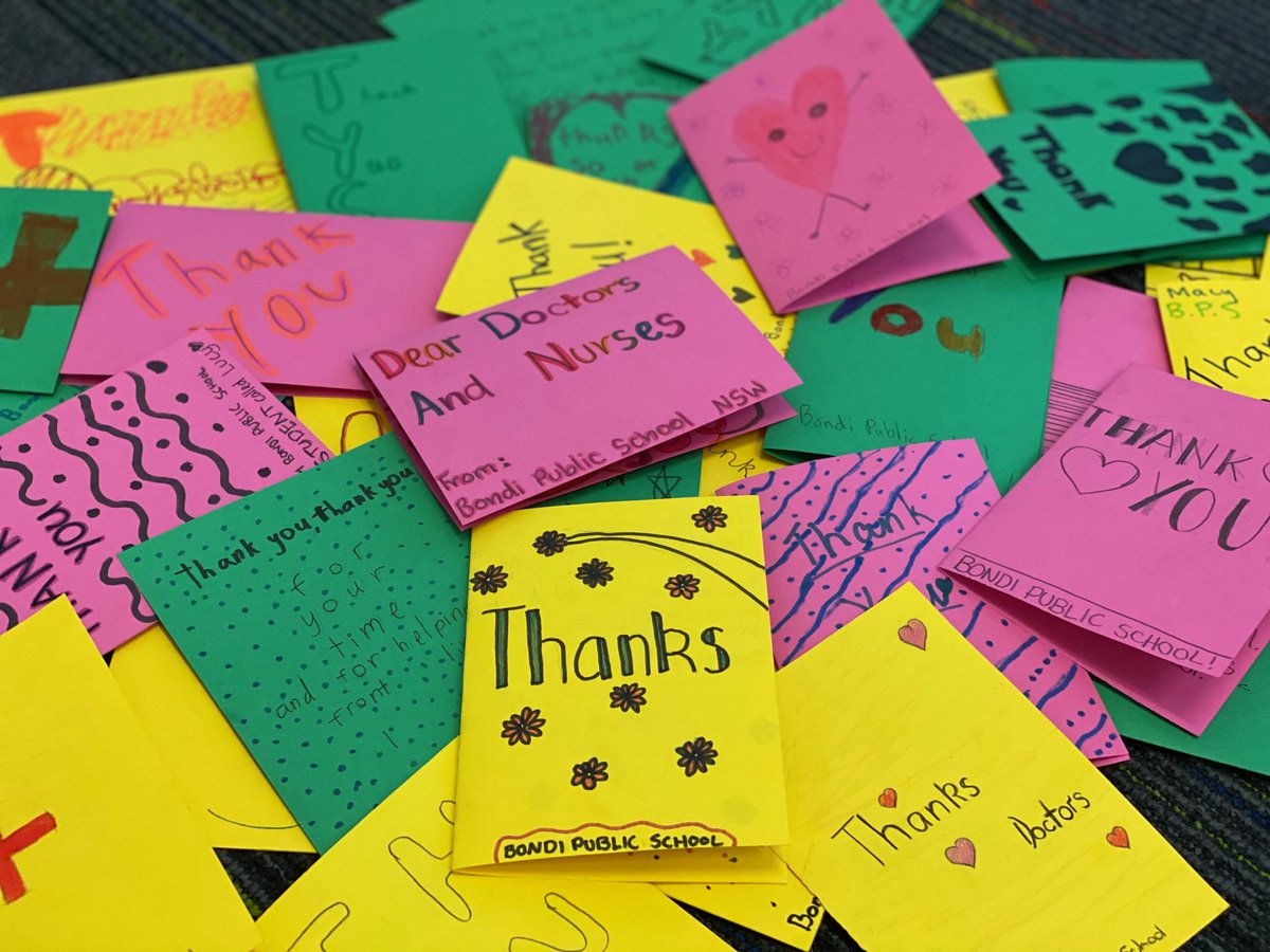 bondi_ps's tweet photo. What did you do for #WorldHumanitarianDay2020? Our Year 6 students wrote cards for the real-life heroes of the  
@SCHNkids emergency department - Randwick. Thank you to @BondiisBrownSugar for delivering the cards and for providing an amazing lunch for the doctors and nurses. https://t.co/WuqHm64mrE