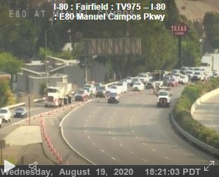 #Vacaville #Fairfield #I80 remains closed between Mason St and Manuel Campos Parkway due to fire activity.  - Jeff Dorian - 
photo courtesy: Caltrans