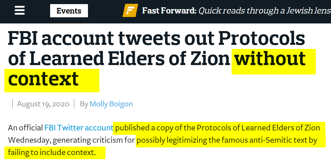 Phan_N's tweet photo. @jdforward Aside from FBI tweet being obvious bot, @jdforward “investigative” reporter @MollyBoigon didn’t even click on link in tweet, which didn’t publish Protocols “w/out context” but instead referred to it as anti-Semitic forgery multiple times. Try real reporting rather than clickbait. https://t.co/SOFuxcj9Py