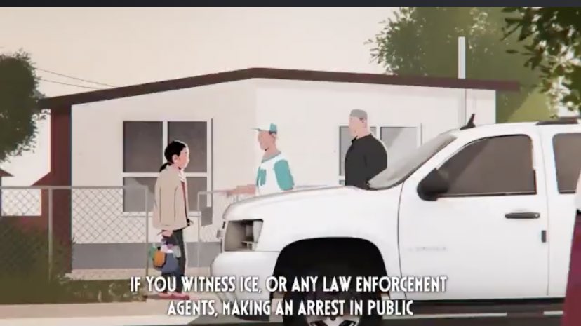 “Abdi approaches Andrea’s house. He takes out his phone & turns it so that it is horizontal not vertical. He begins filming the interaction. The agents are now speaking with Andrea. She looks back toward the house to see if anyone is watching. She locks eyes with Abdi.”