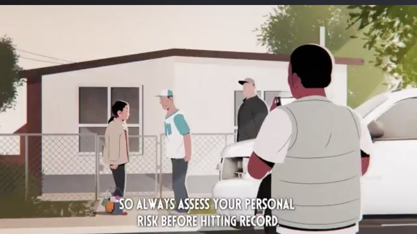 “Abdi approaches Andrea’s house. He takes out his phone & turns it so that it is horizontal not vertical. He begins filming the interaction. The agents are now speaking with Andrea. She looks back toward the house to see if anyone is watching. She locks eyes with Abdi.”