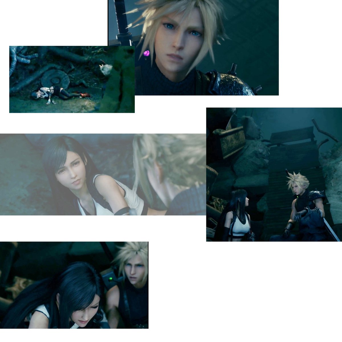 Cloud stares at Tifa wholeheartedly in the second pic while Barret is nowhere. You can't find their little interaction in OG cuz they woke up on their own and yeah there's three of them in one frame. Barret included