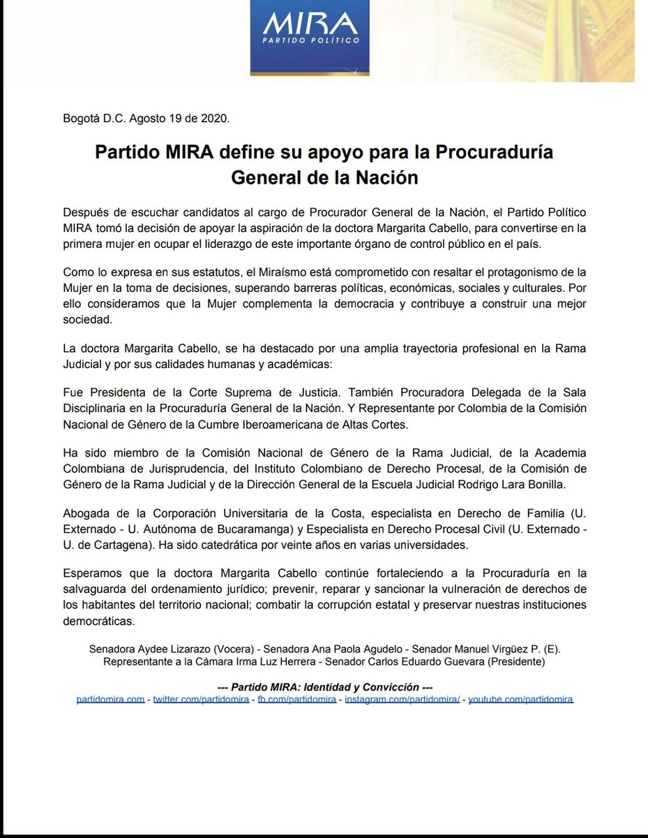 Comunicado:

El <a href="/PartidoMIRA/">Partido MIRA</a> define su apoyo para la Procuraduría General de la Nación <a href="/PGN_COL/">Procuraduría General de la Nación</a>.

Detalles: