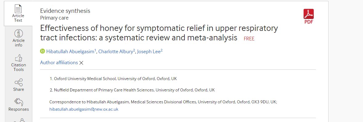 A systematic review/meta-analysis of honey vs other cough/cold remedies came out yesterday in BMJ Evidence-Based MedicineI think this is worth a quick peer review on twitter 1/n