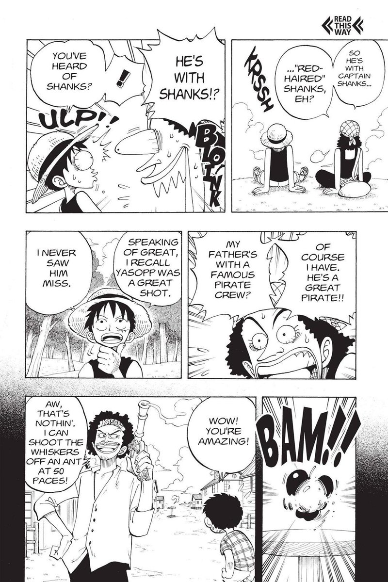 Luffy s'est intéressé à Usopp en partie grâce à l'ascendance de ce dernier.Inversement si Usopp est devenu très proche de Luffy aussi rapidement, c'est en partie parce que ce dernier a fait pleins d'éloges sur son père.Leur admiration pour Yasopp les a rapprochés.
