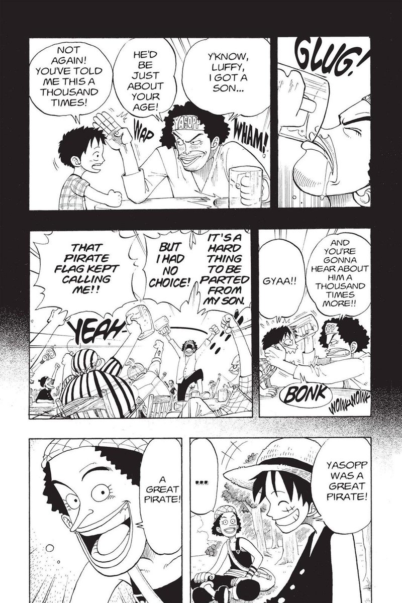 Luffy s'est intéressé à Usopp en partie grâce à l'ascendance de ce dernier.Inversement si Usopp est devenu très proche de Luffy aussi rapidement, c'est en partie parce que ce dernier a fait pleins d'éloges sur son père.Leur admiration pour Yasopp les a rapprochés.