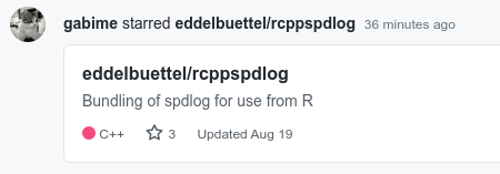 eddelbuettel's tweet photo. When you finally push something to a public repo that you had on your drive for years, and the upstream author notices and stars it the same day....

#rstats #rcpp #cplusplus #spdlog

/cc @gabi_melman https://t.co/k7mjjQNBLQ