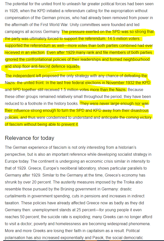Remember, prior to the KPD taking a hardline stance, the SPD had basically done everything possible to crush the KPD. Again, sound familiar?We're so fucked.Source;  https://isj.org.uk/divided-they-fell-the-german-left-and-the-rise-of-hitler/