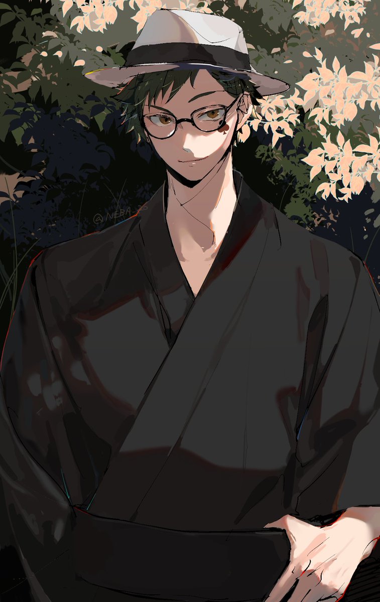 1boy male focus black kimono hat solo japanese clothes glasses  illustration images