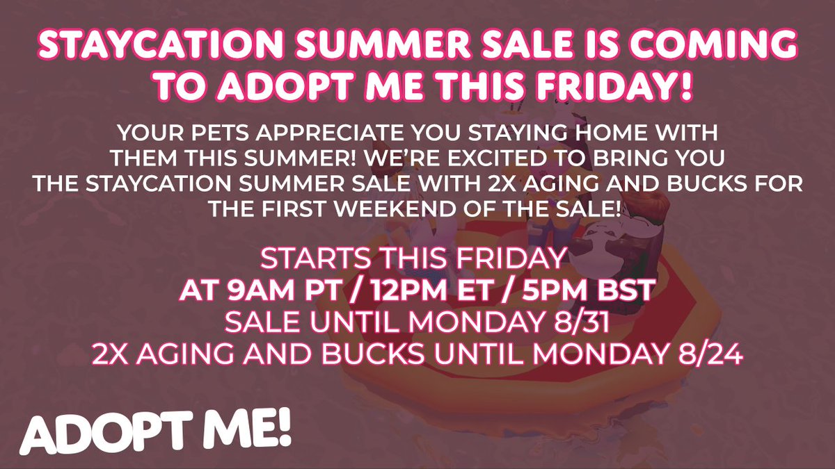 Adopt Me On Twitter Staycation Summer Sale Is Coming To Adopt Me This Friday 2x Aging And Bucks Gain For The First Weekend Of The Sale Starts This Friday At - roblox adopt me twitter page