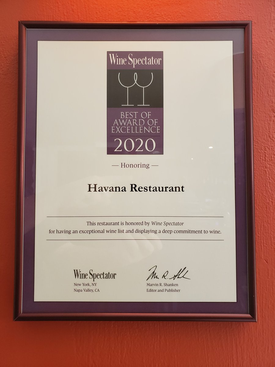 We are proud and grateful to share that we received recognition for our 2020 wine list from #WineSpectator with the Best of Award of Excellence. @wine_spectator #winespectator #winespectatoraward #wine #havanamaine #winelist #awardwinningwines havanamaine.com/wine
