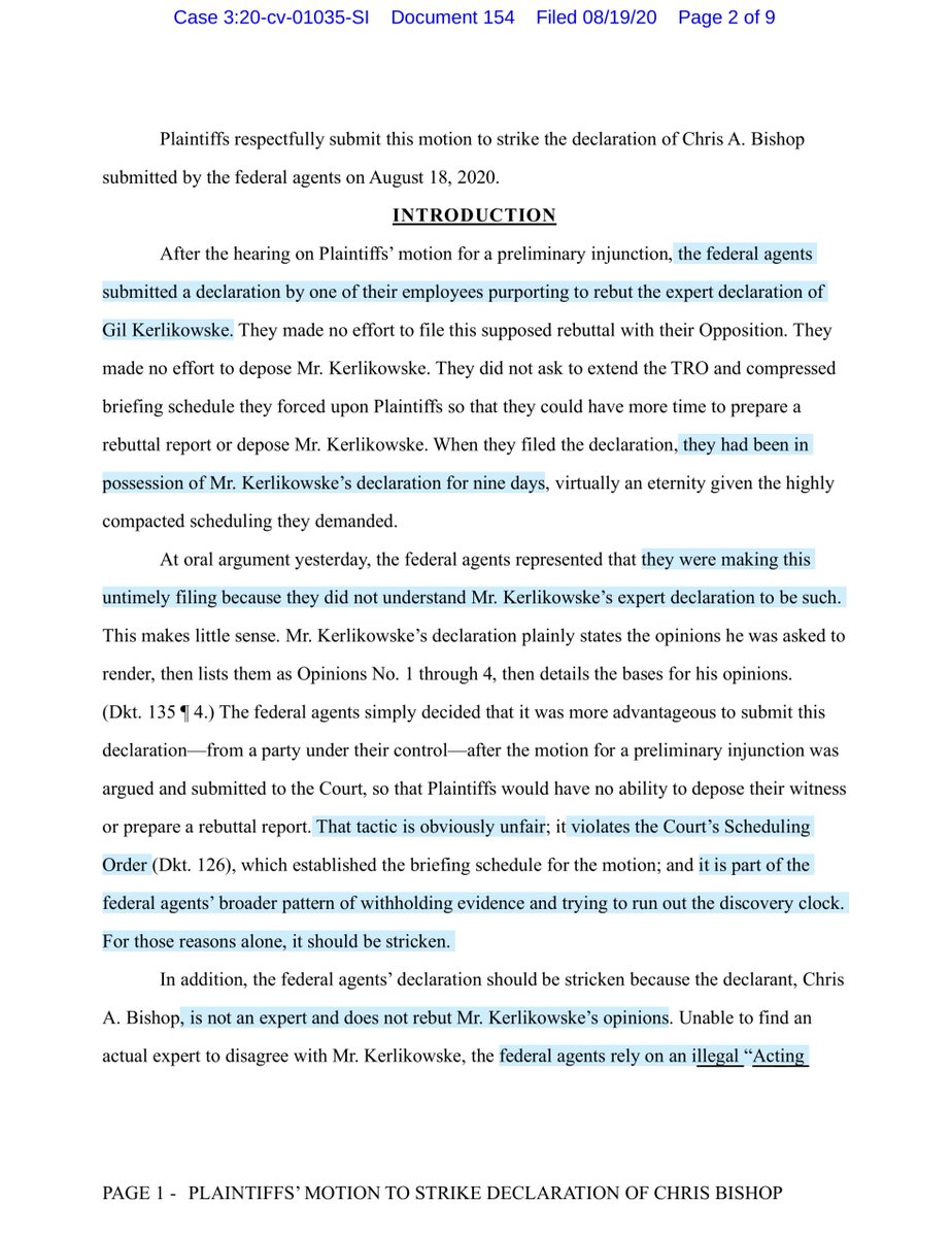 Motion to STRIKE Bishop Declaration kids FOOTNOTE Pg 2“That tactic is obviously unfair; it violates the Court’s Scheduling Order ..established the briefing schedule for the motion.. part of the federal agents’ broader pattern of withholding evidence” https://ecf.ord.uscourts.gov/doc1/15107649831?caseid=153126