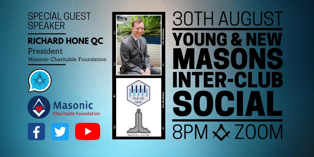 MasonicSocials's tweet photo. Ready for the next social? Yep, us too!

We welcome the @fiveofnineclub &amp; @mcrmasons (Level Club) as our next inductees &amp; look forward to hearing from Richard Hone QC, President of the @Masonic_Charity.

Sunday 30th August at 8pm - Don't be late!
.
.
.
#Freemasons #Charity https://t.co/xBqSane3Pu