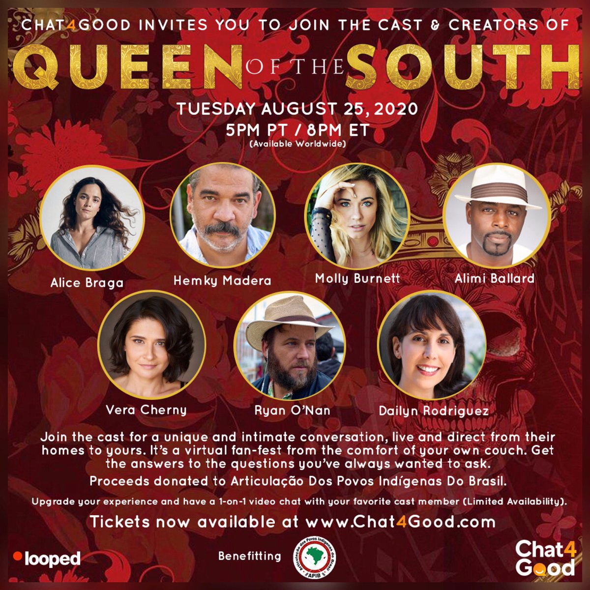 AlimiBallard's tweet photo. FAMILY!!! Come join @QueenOnUSA & @Chat4Good on Tuesday, August 25th @ 5pm PT for a GREAT CAUSE โจ๐โจ Every ticket sold benefits #APIBBrazil & gives u access to the exclusive #Chat4Good livestream event on @LoopedLive TIX & VIP on sale at https://t.co/AWWsCINnXz #QueenOfTheSouth https://t.co/Z44yHjE9J9