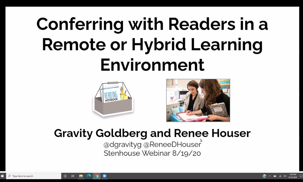 GesserReads's tweet photo. Awesome PD on conferring with readers from @drgravityg @ReneeDHouser 🔑 points conferring is a conversation, you can’t plan for a conference but you can prepare, have short teaching text to model, expect to go slower when #DistanceLearning @MadisonsTrust16 #year5wethrive https://t.co/dhsSOpMUds