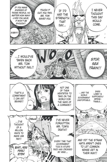 Bien que Franky ait construit le Sunny et qu'il ait commencé à admirer Luffy pour son énorme paire de couilles, il n'y avait pas entre Franky et Luffy (je trouve), la même profondeur de lien qu'avec d'autres mugi.