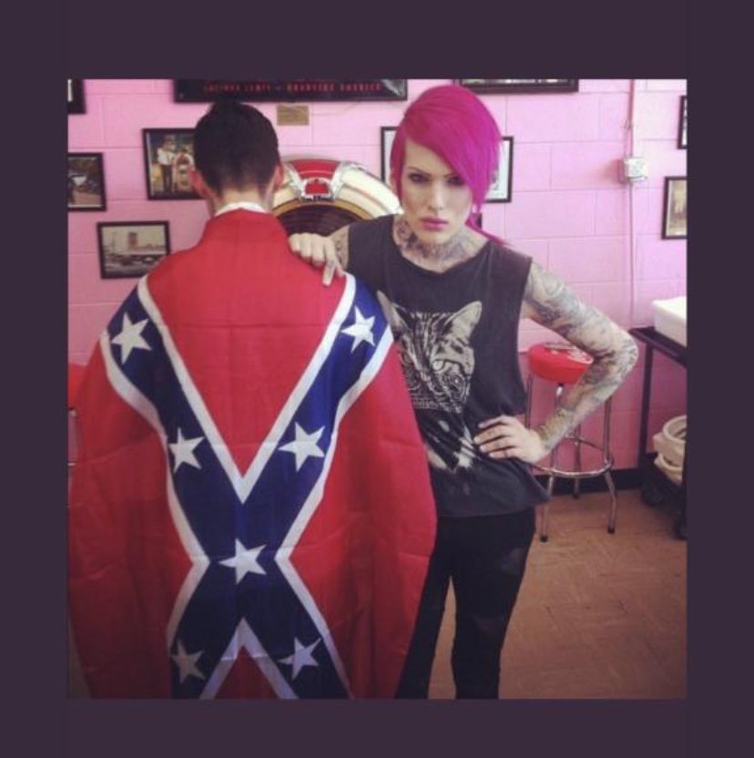 jeffree star - @/JeffreeStar - PART1. posed with a confederate flag (a very racist symbol)2. darkens his clients skin for pictures to promote his makeup line3. correlated being gender fluid into his sex based eyeshadow pallette4. made a makeup line called lipstick n4zi