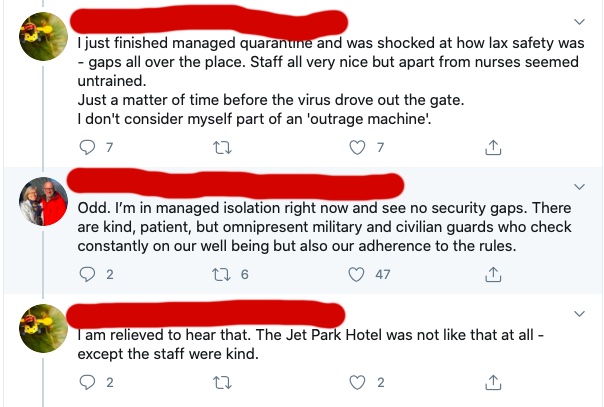 Found a couple testimonials from the mandatory quarantine facilities. Military checks in "constantly on our well being but also our adherence to the rules."