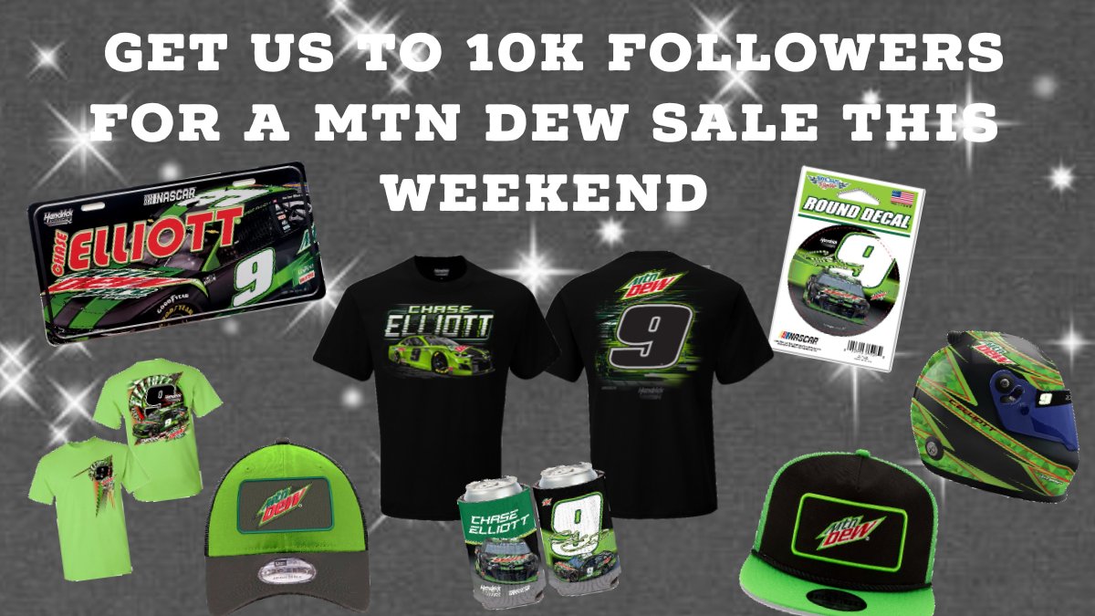 CElliottStore's tweet image. If you guys can get us to 10K followers by the weekend we will do a sale on our @MountainDew gear to celebrate Chase starting pole!😏 

Like, comment, RT I know you guys can do this! This plus more items!

#di9 | #ChaseElliott | #monstermile