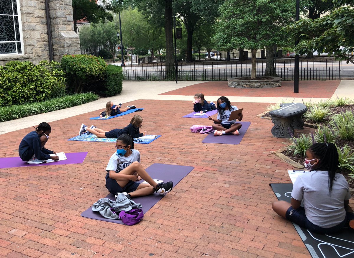 devitt3rd's tweet photo. Taking advantage of our peaceful courtyard @cathedralpk8 for some creative partner/small group math practice in 4th grade today!  ❤️❤️❤️ https://t.co/PO2LwoKpwC