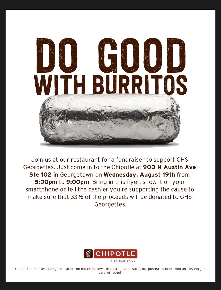 nikkisyoung's tweet photo. Chipotle Night!! Mention the ⁦@ghsgeorgettes⁩ when paying! ⁦@Mr_B_Johnson⁩ ⁦@GeorgetownHS⁩ ⁦@GeorgetownISD⁩ Grab some tacos and a burrito! Don’t forget the queso! https://t.co/284PvXH8eS
