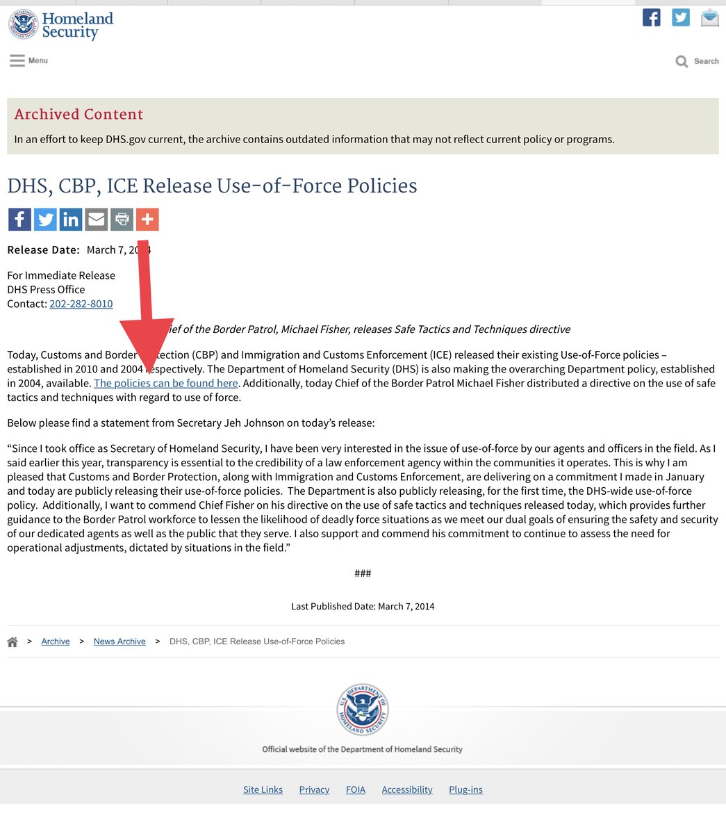 Now here’s another example of me doing what the  @DHSgov  @CBP  @TheJusticeDept said in their opposition: https://www.dhs.gov/news/2014/03/07/dhs-cbp-ice-release-use-force-policiessee the red arrow -that hyperlink take you to this page. Do you see what’s missing? https://www.dhs.gov/publication/law-enforcement