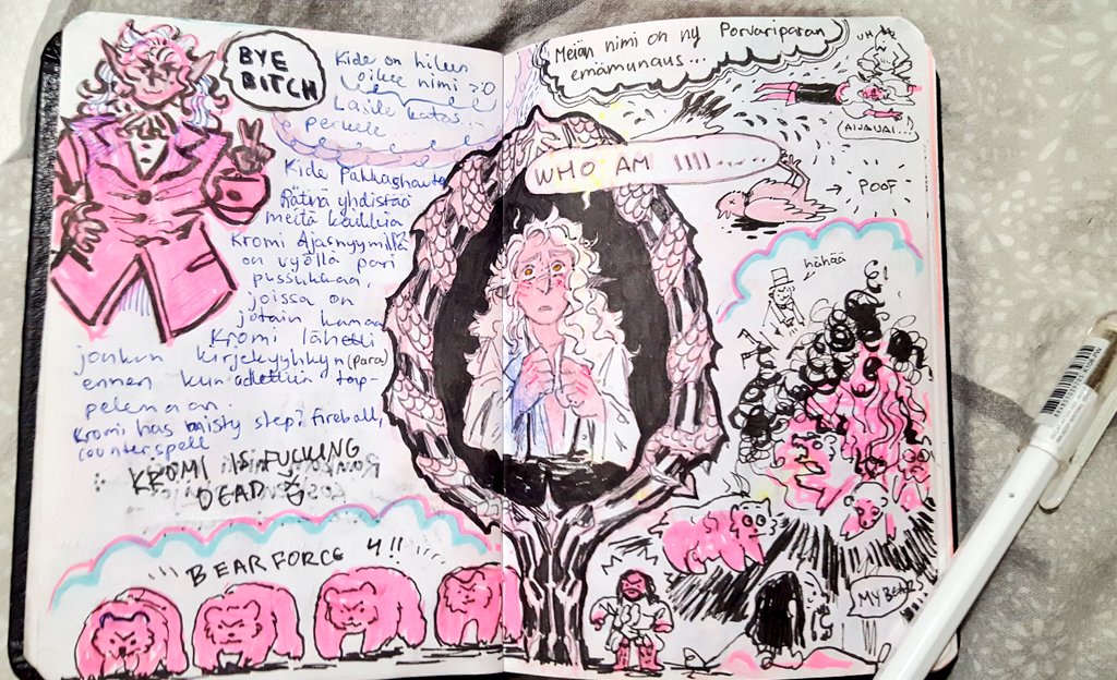 Felt like posting some pages from my #dnd campaign notebook... I love doodling chaotic scenes from our adventures while playing lmao!! also my notes are a mess