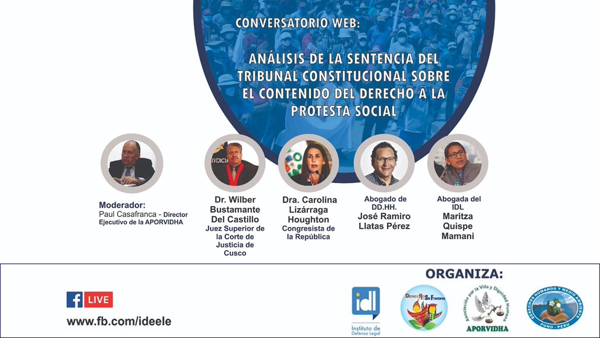 ideeleradio's tweet photo. #EnVivo | CONVERSATORIO "Análisis de la sentencia del #TribunalConstitucional sobre el contenido del derecho a la protesta social
#Facebook ➡ https://t.co/eojwiek5Vd
#YouTube ➡ https://t.co/LCNumzmHGI
Organiza: @Ideele, @dhsfcusco, #APORVIDHA, #DHUMA https://t.co/UU7WBLisxa