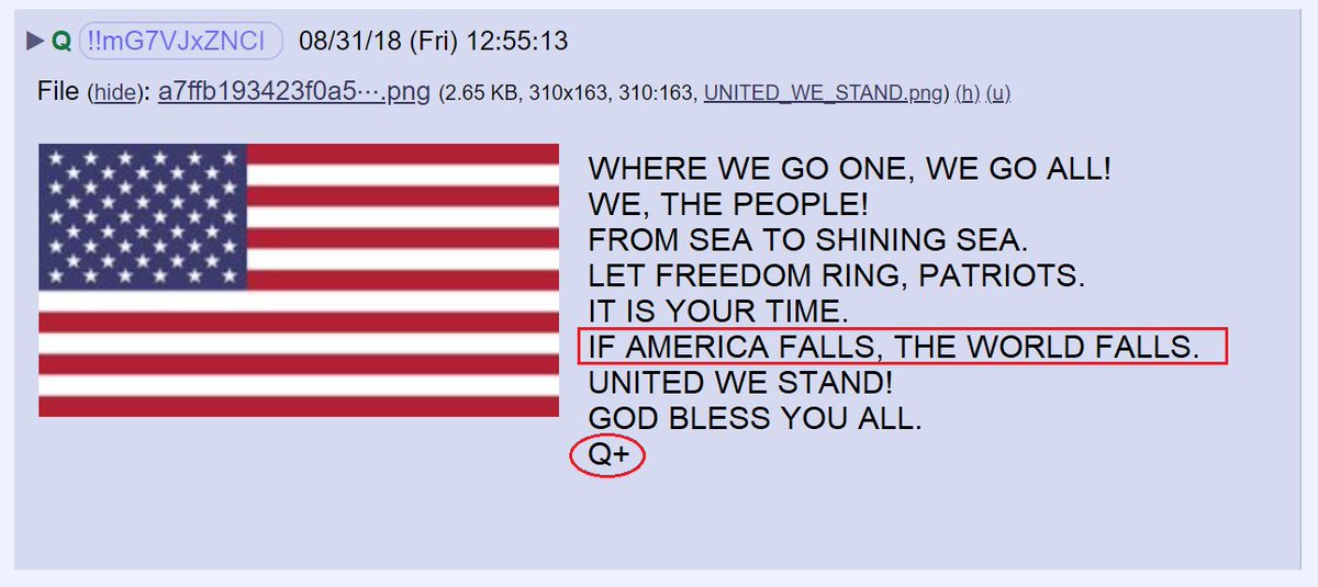 30) "When this country is gone, the rest of the world will follow."~ President Trump(8/18/2020)"IF AMERICA FALLS, THE WORLD FALLS."Q+ (8/31/2018)