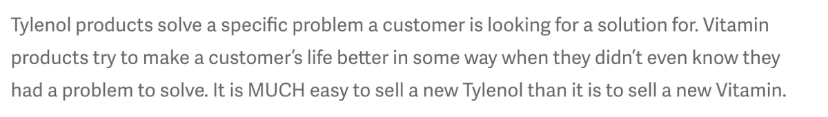 "Should you sell pain killers or vitamins?" It's an old adage from any Marketing 101 textbook.From  @Ednever blog   http://marketingiseasy.com/tylenol-or-vitamins/