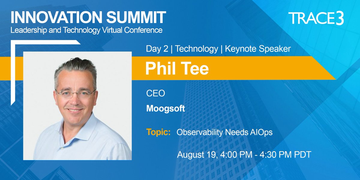 trace3's tweet photo. In a #cantmiss session with @Moogsoft CEO, @PhilTeeNet he will explain that for full visibility into modern IT environments, Ops teams must marry observability with #AIOps. Head to the #Trace3Summit Auditorium at 4 p.m. PDT! https://t.co/mnwI93FOTO https://t.co/qQe5NuGEoI