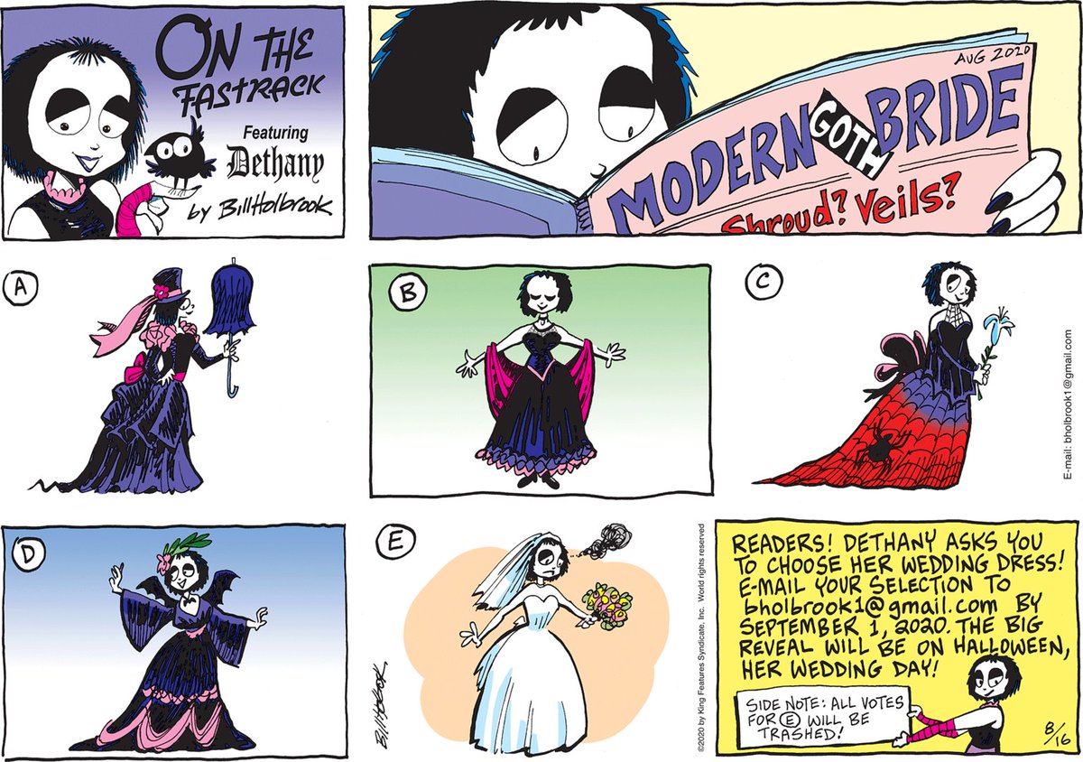 ComicsKingdom's tweet photo. 🚨ATTN: On The Fastrack fans (and wedding enthusiasts) 🚨Dethany needs help choosing a wedding dress for her wedding! Vote on your favorite look and let Bill Holbrook know via e-mail (bholbrook1@gmail.com)! And yes. Those choosing E will be trashed. #Onthefastrack #wedding #dress https://t.co/VHthG0ofi9