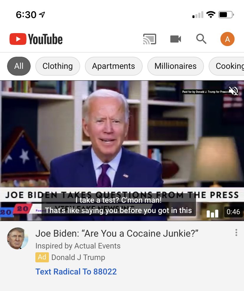 AshleyP01010's tweet photo. Dear @YouTube why can i not stop donald trump ads from showing up as the first thing on my app? https://t.co/XWXic369cL