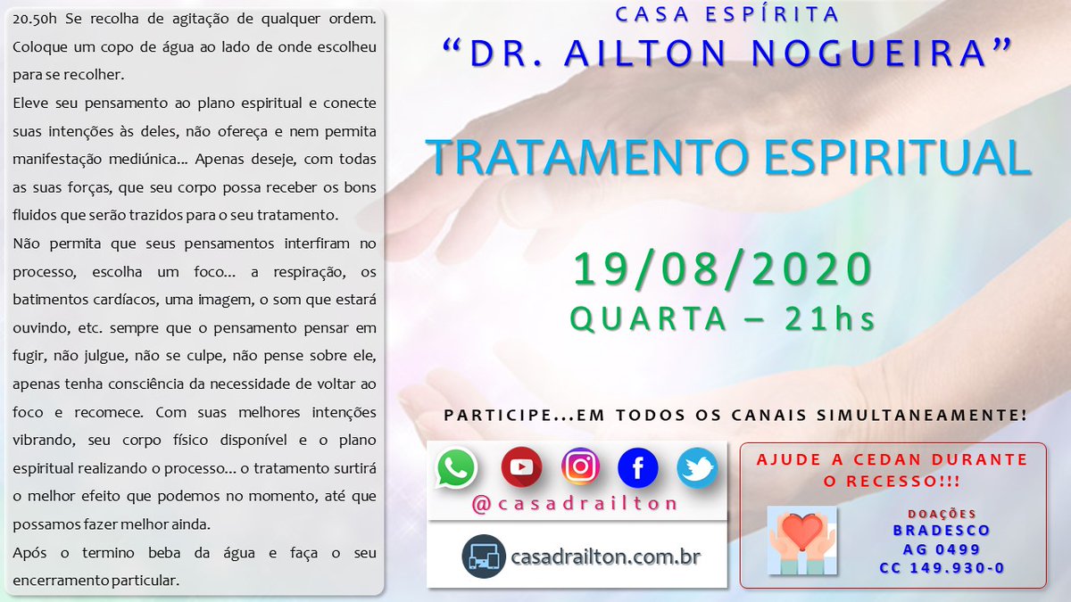 casadrailton's tweet photo. TRATAMENTO ESPIRITUAL À DISTÂNCIA
19 de agosto de 2020 às 20h50
ASSISTA:
https://t.co/6IzoUAk1TM
#casadrailton #cedan #casaespíritadrailtonnogueira #AllanKardec #casaespirita #drailtonnogueira #doutrinaespirita #espiritismo #tratamentoespiritualadistancia #tratamentoespiritual https://t.co/G0o8ZhEP6o