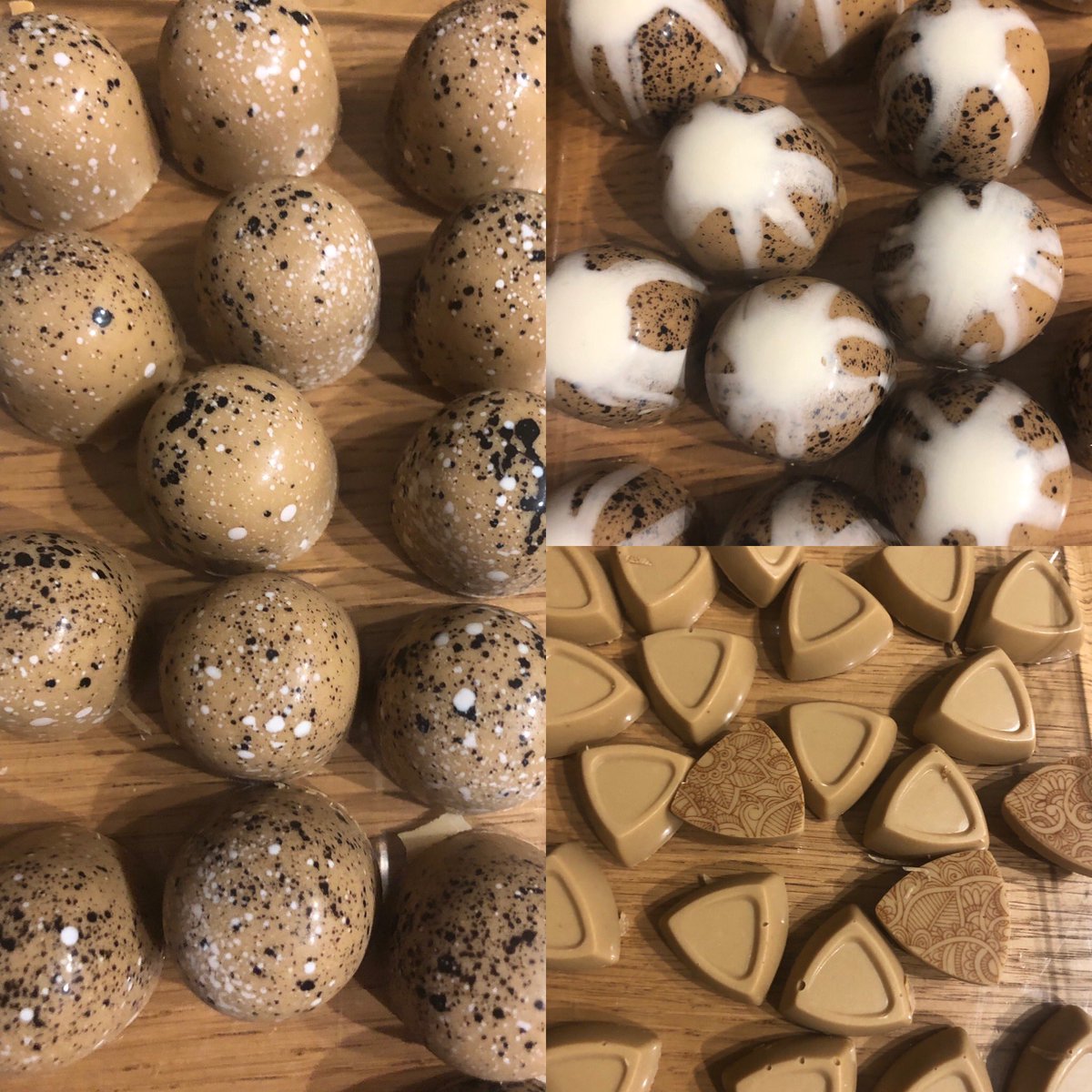 RivingtonChoco1's tweet photo. Callebaut #gold thinking of what I could make with #Gold & also use coloured cocoa butter.
pleased with the #speckledegg not sure about the #alieneggs !!
Great fillings;
#peanutbutterchocolatecaramel (it's lush) #hazelnutincaramel and our usual #saltedcaramelcrunch ππ« https://t.co/YGztVjam6J