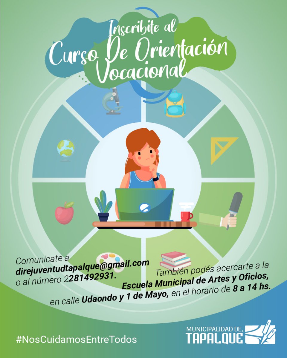 Muni_Tapalque's tweet photo. 💻 ¡ÚLTIMOS DÍAS PARA INSCRIBIRTE AL CURSO DE ORIENTACIÓN VOCACIONAL!

✨ Si estás cursando 5to o 6to año o estás necesitando orientación para decidirte sobre qué profesión seguir, hasta el 21 de agosto podes anotarte en el curso de orientación vocacional. 
 
@gcocconi https://t.co/NfuBefxUeO