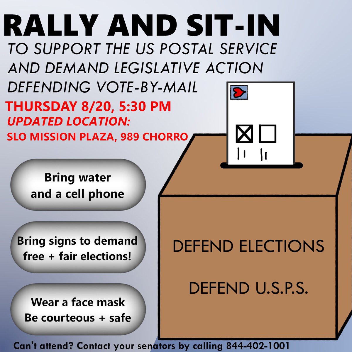 gsnpatman's tweet photo. Change in location for the rally for USPS! Come meet at Mission Plaza to support the USPS! 

#SaveUSPS #VisitSLO #SLOProtests #GeneralStrike2020 https://t.co/3CaoUHZHBu