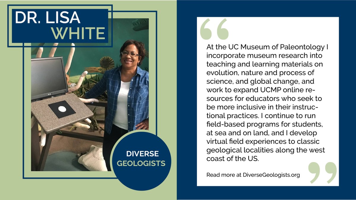 Meet Dr. Lisa White (she/her), paleontologist and Director of Education at @ucmpberkeley Read more on our website: diversegeologists.org/post/lisa-white #Paleontology #Geology #BlackinSTEM #BlackGeologists #BlackPaleontologists #WomenInGeology #BlackInStem #WomenInStem @lisatoafault
