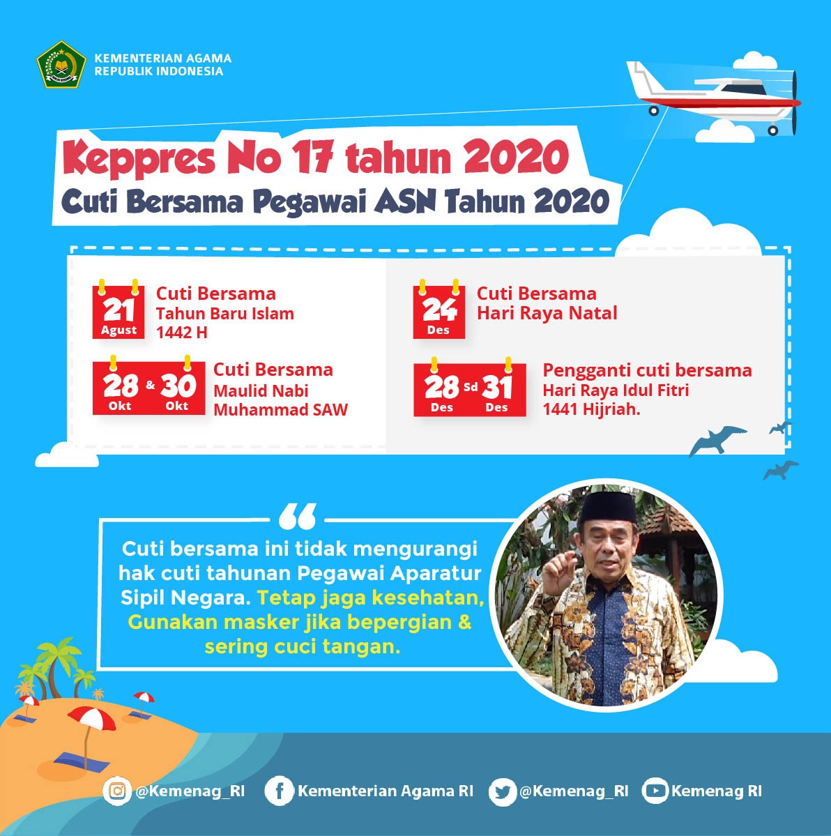 Kemenag_RI's tweet photo. Selemat Tahun Baru 1 Muharram 1442H

Buat #SahabatReligi yang mau berlibur, tetap terapkan protokol kesehatan. Jaga jarak, gunakan masker, dan rajin cuci tangan.

Sehat selalu. Aamiin https://t.co/CY18pHKJ2u