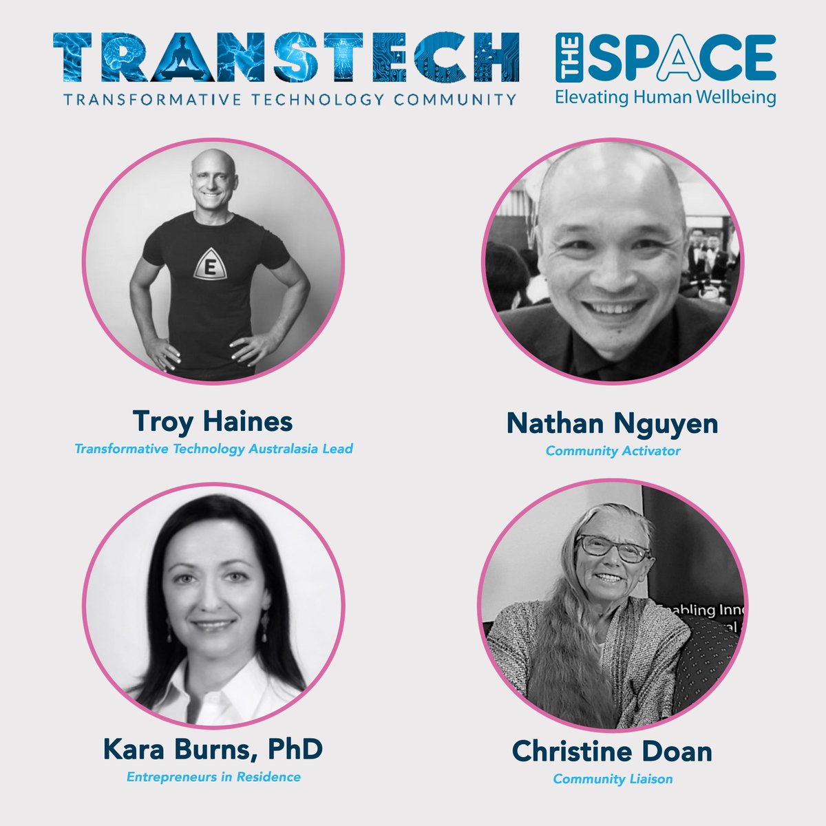 Meet the team behind Transformative Technology in Australasia.  
Troy Haines - TTA Lead, Kara Burns - Entrepreneurs in Residence, Nathan Nguyen - Community Activator and Christine Doan - Community Liaison.

#transtechAU #entrepreneurs #innovators #healthtech #wellbeing
