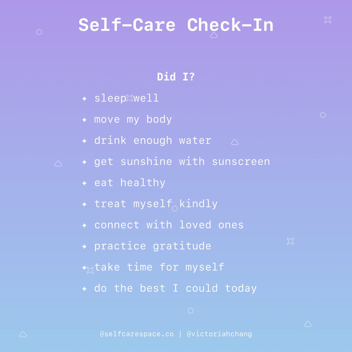 selfcarespaceco's tweet photo. Wellness Wednesdays. βοΈ Time to check in with yourself! β
| https://t.co/IIft7zbPeU | #selfcarespace #selfcare #wellnesswednesday #wellnesswednesdays #selfcarecheckin #mentalhealthcheckin #selfcarechecklist https://t.co/DvepiV8N6i