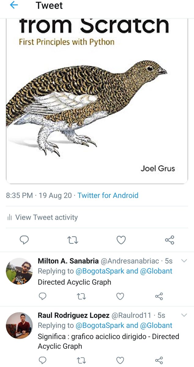 BogotaSpark's tweet photo. Con la misma velocidad con que Spark ejecuta sus DAGs, @Andresanabriac y @Raulrod11 han respondido correctamente a nuestra trivia. Increíblemente tenemos empate técnico y el comité ético sesionará para saber que sigue ¿Ideas? ¿Duelo de baile? ¿Una partida de Clash Royale? https://t.co/9cX6ztbmMm