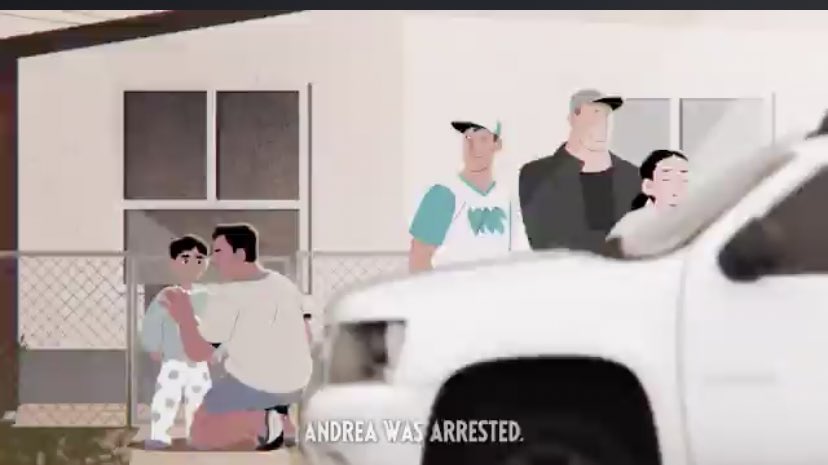 The agents lead Andrea into their van in handcuffs, while her husband consoles their son outside the house.