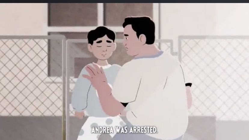 The agents lead Andrea into their van in handcuffs, while her husband consoles their son outside the house.