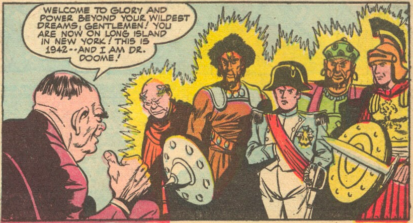 Little known fact: 20 years before becoming a big time Marvel villain, Doctor Doom engaged in his usual time traveling shenanigans over at DC! (He later dropped the E.) Anyway that combover is why the mask these days.