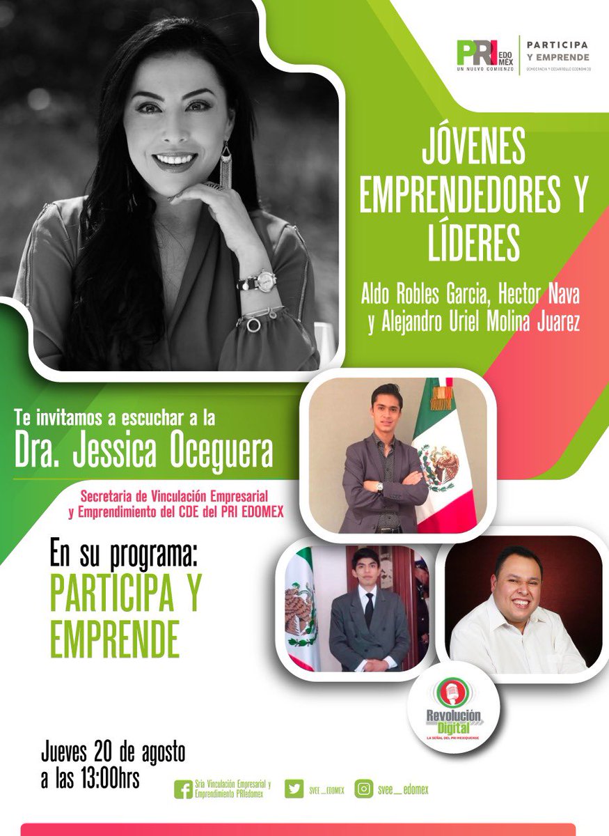 Mov_PRImxEdomex's tweet photo. No te pierdas mañana tu programa "Participa y Emprende" conducido por la Secretaria @JessOceguera, quien te contará la historia de 3 jóvenes emprendedores.

¡Sintonízala a las 13:00 🕐 por @revoluciondig! https://t.co/jeLrm4ZxSA