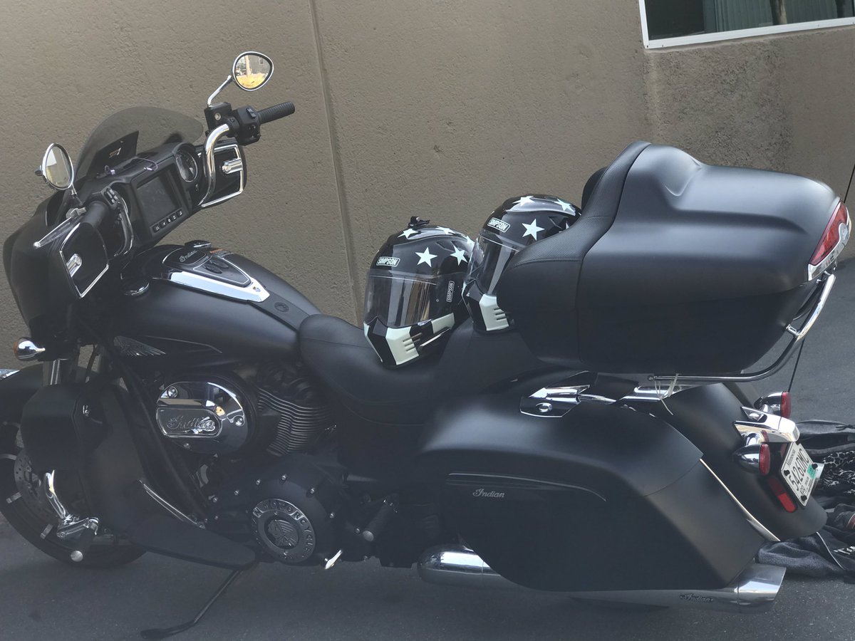 LeaVendetta's tweet photo. Said goodbye to the @indianmotocycle #DarkHorse @RikiRachtman and I rode since July 28th on #RikisRide20 today 😢 #simpsonmotorcyclehelmets https://t.co/a66EySR5wa